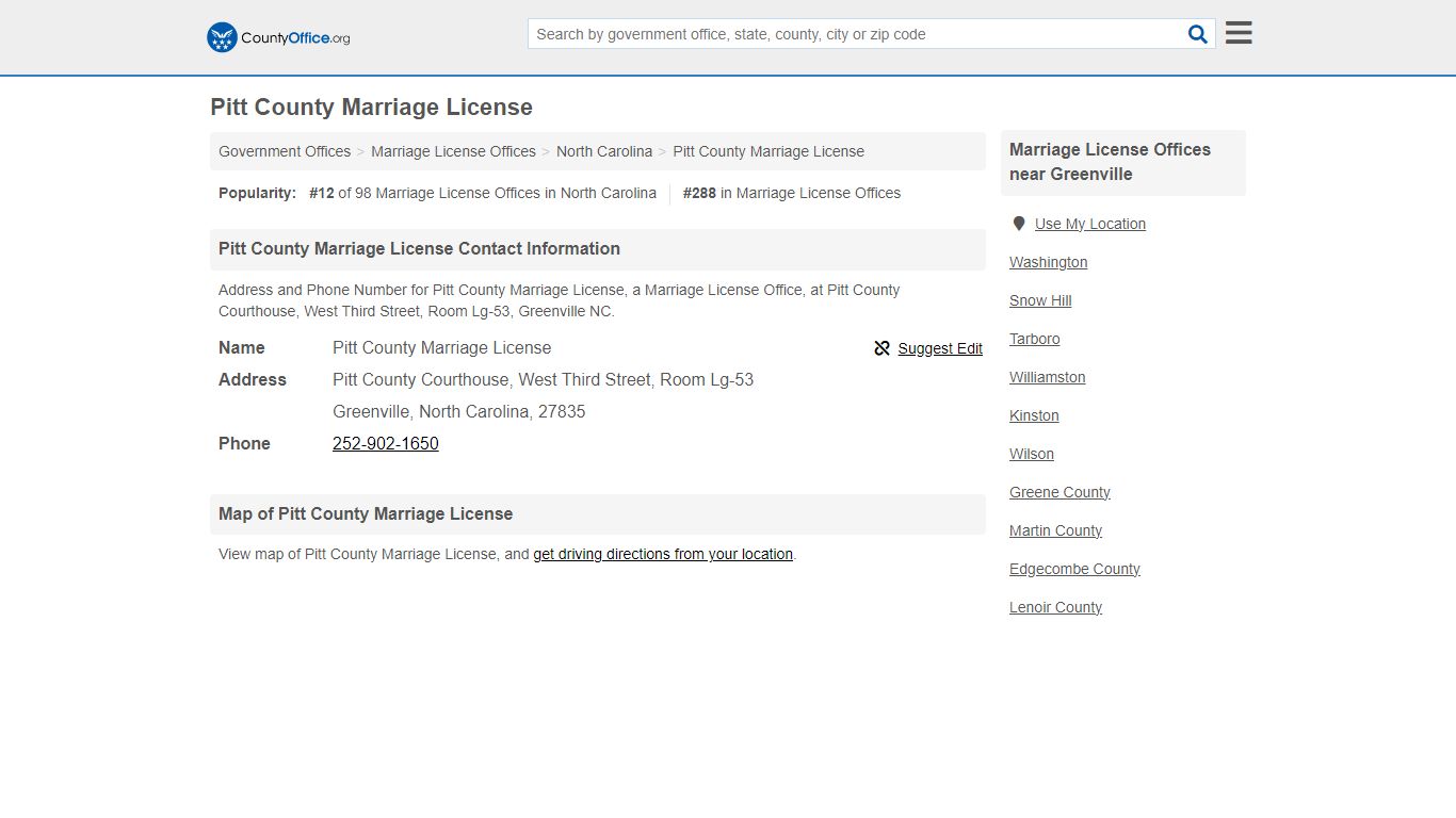 Pitt County Marriage License - Greenville, NC (Address and Phone)